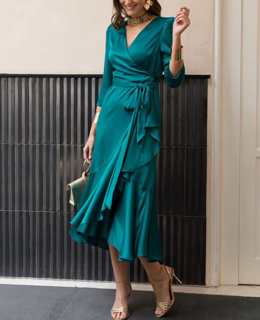 Green midi dress with side tie detail