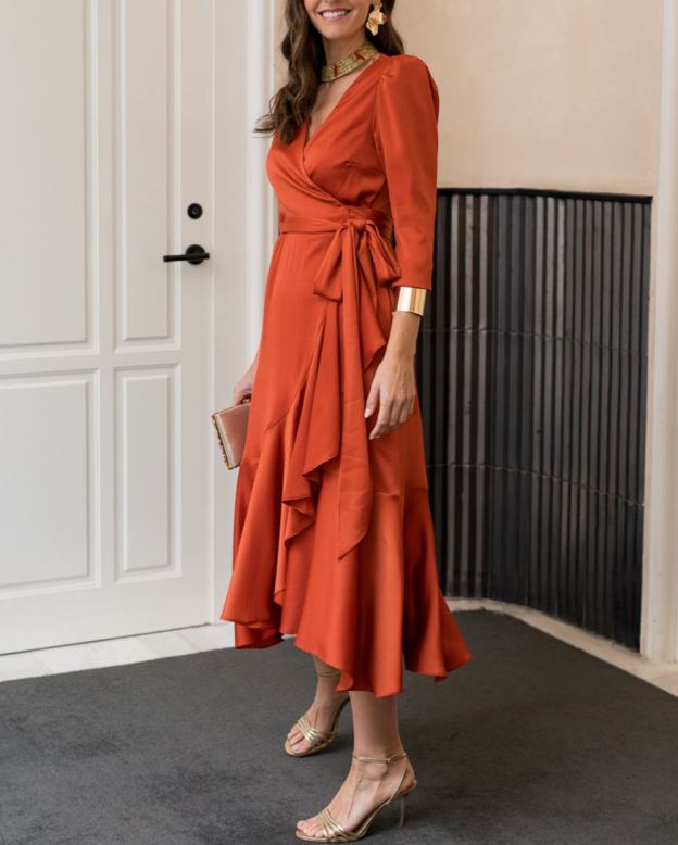 Midi dress with side tie in terracotta