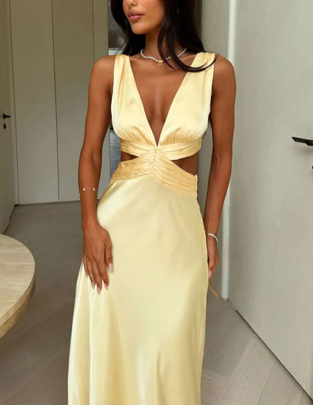 Emeline V-Neck Satin Maxi Dress - Yellow
