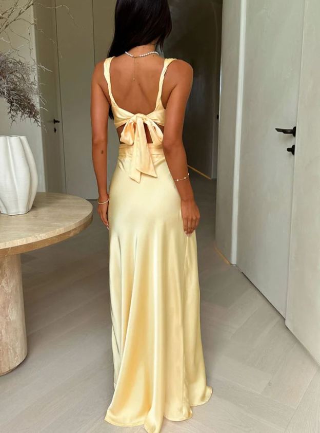 Emeline V-Neck Satin Maxi Dress - Yellow