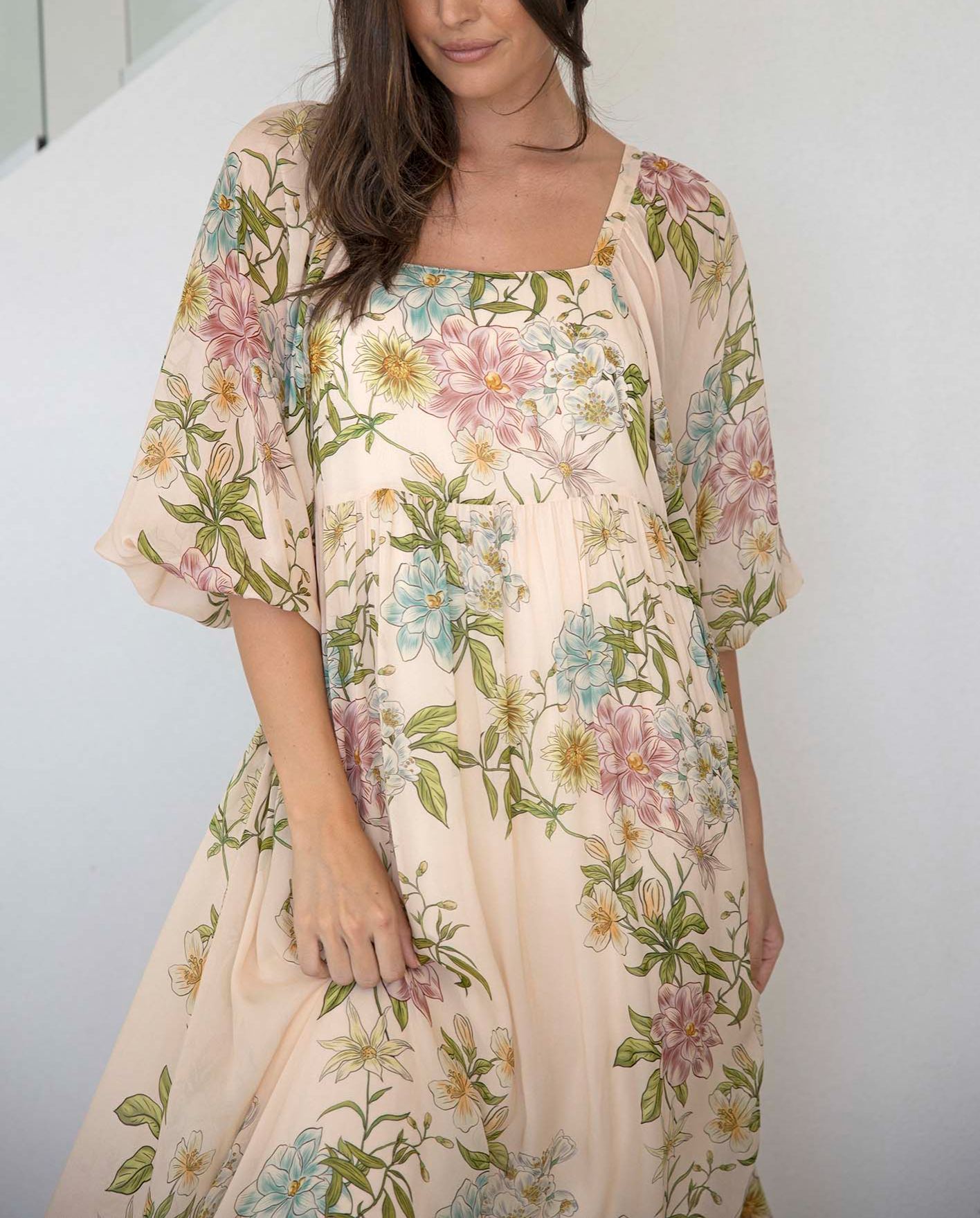 Momento Cream Floral Square Neck Maxi Dress