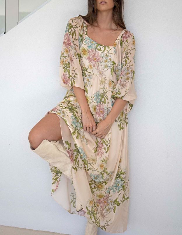 Momento Cream Floral Square Neck Maxi Dress