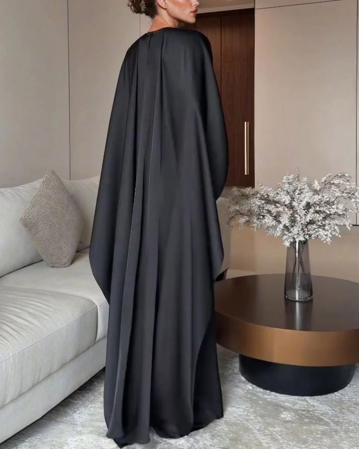 Elegant Satin Pleated Batwing Sleeve Maxi Dress