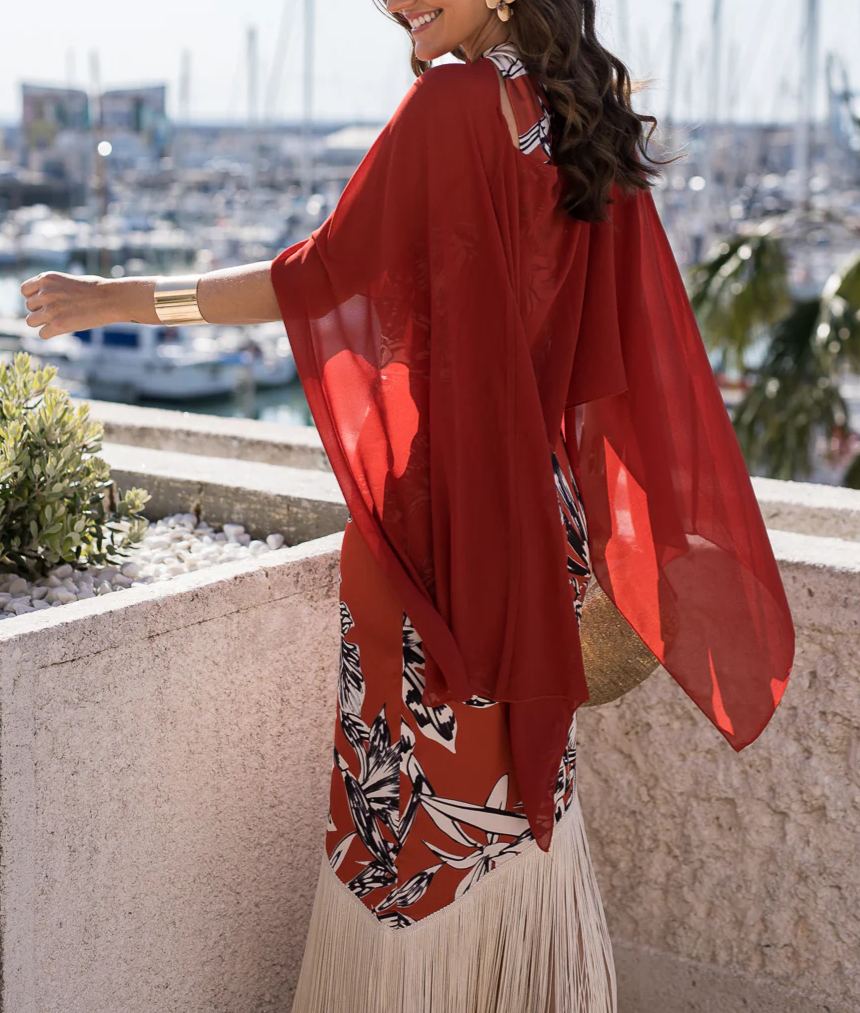 fringed halter neckline dress in terracotta