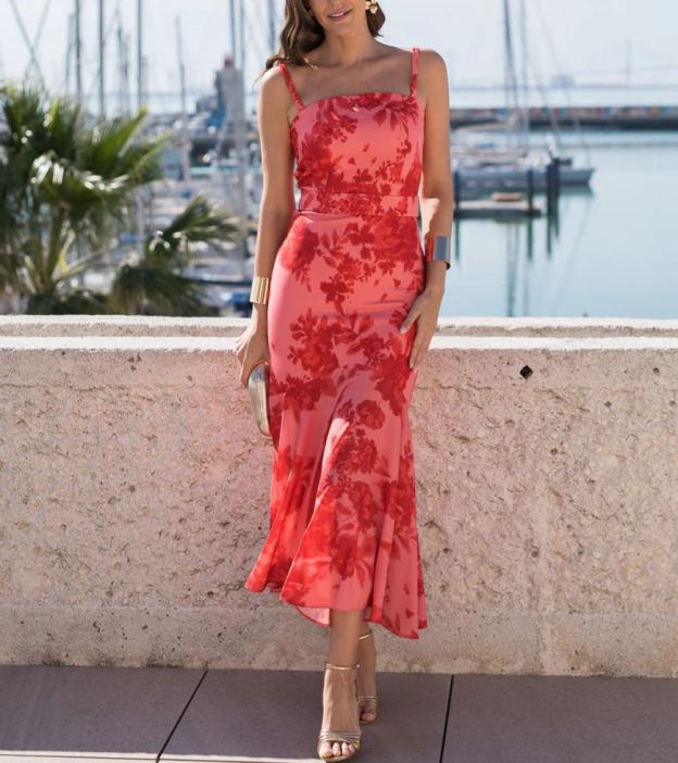 Coral print midi dress