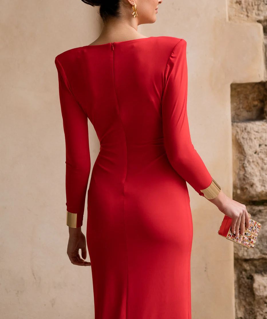 Red midi dress with shoulder pads