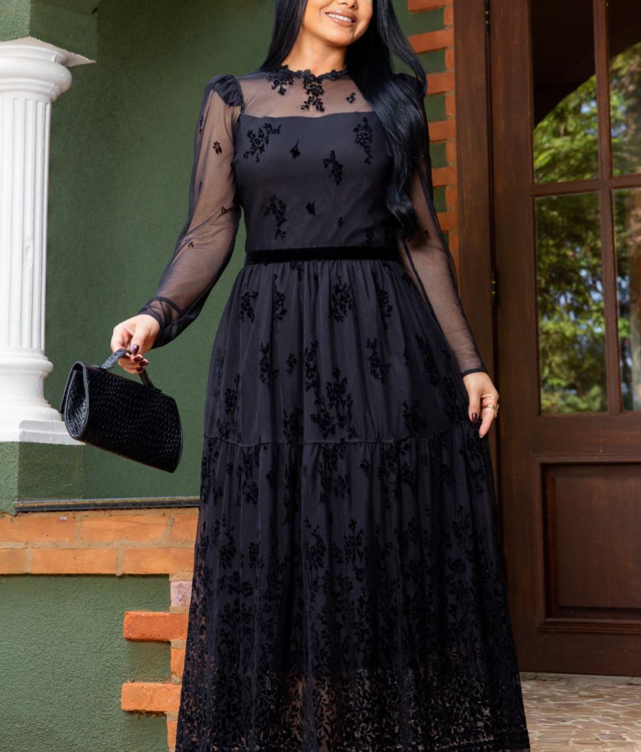 Black Tulle Dress with Floral Velvet