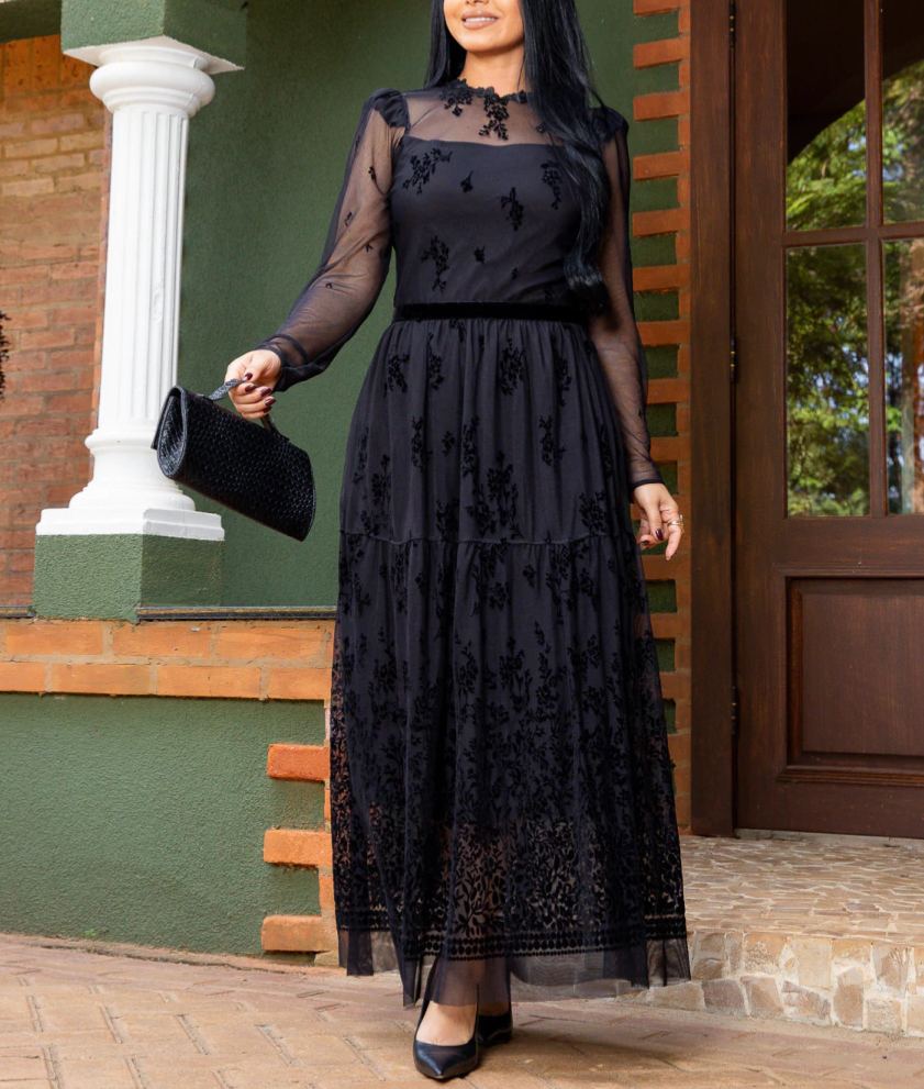Black Tulle Dress with Floral Velvet