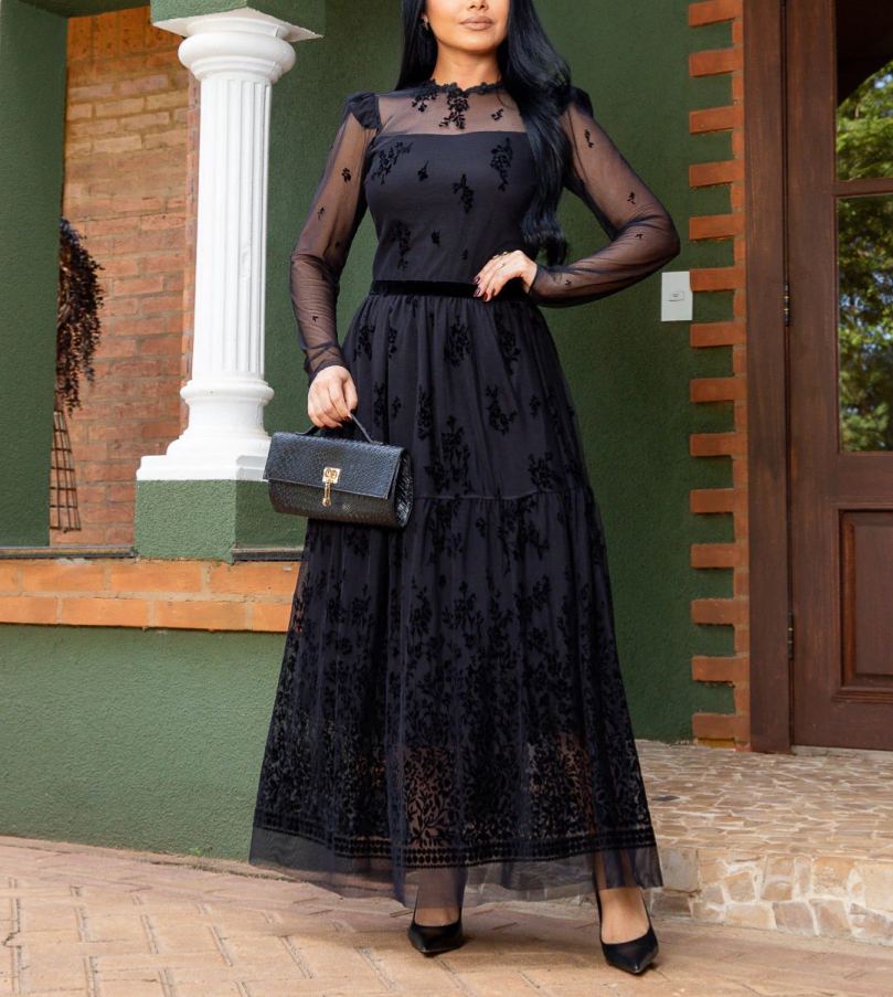Black Tulle Dress with Floral Velvet