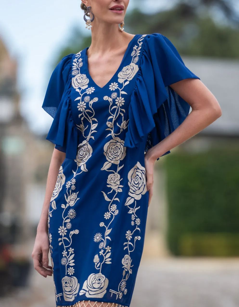 Blue chiffon dress with beige rose embroidery