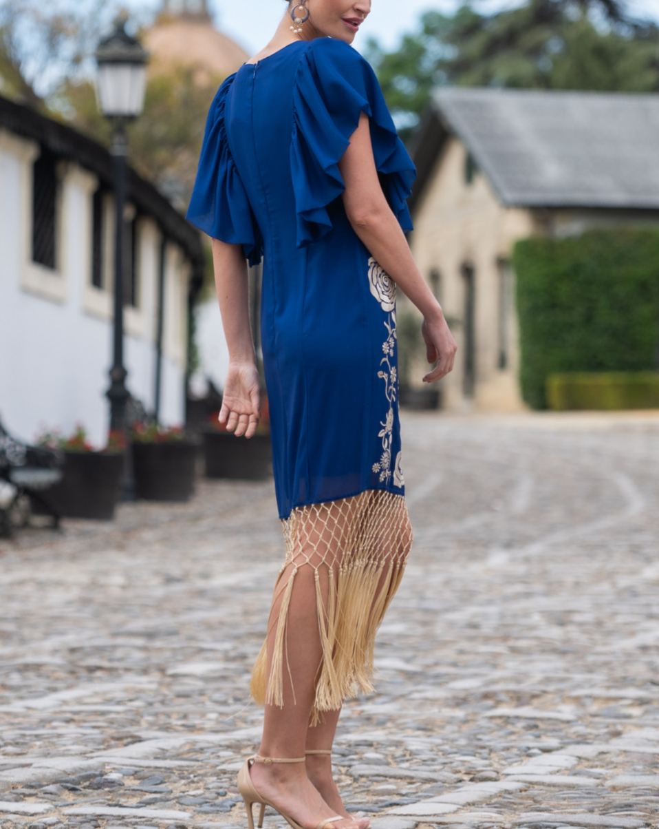 Blue chiffon dress with beige rose embroidery