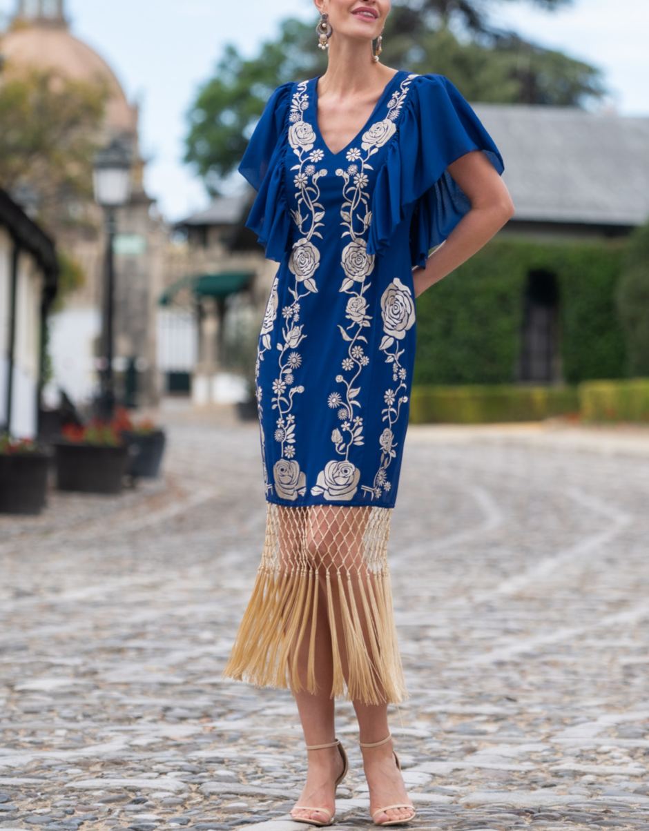 Blue chiffon dress with beige rose embroidery