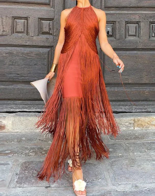 Elegant Tassel Splicing Solid Gowns Dress