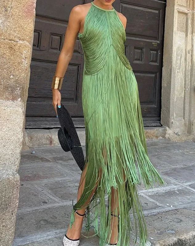 Elegant Tassel Splicing Solid Gowns Dress