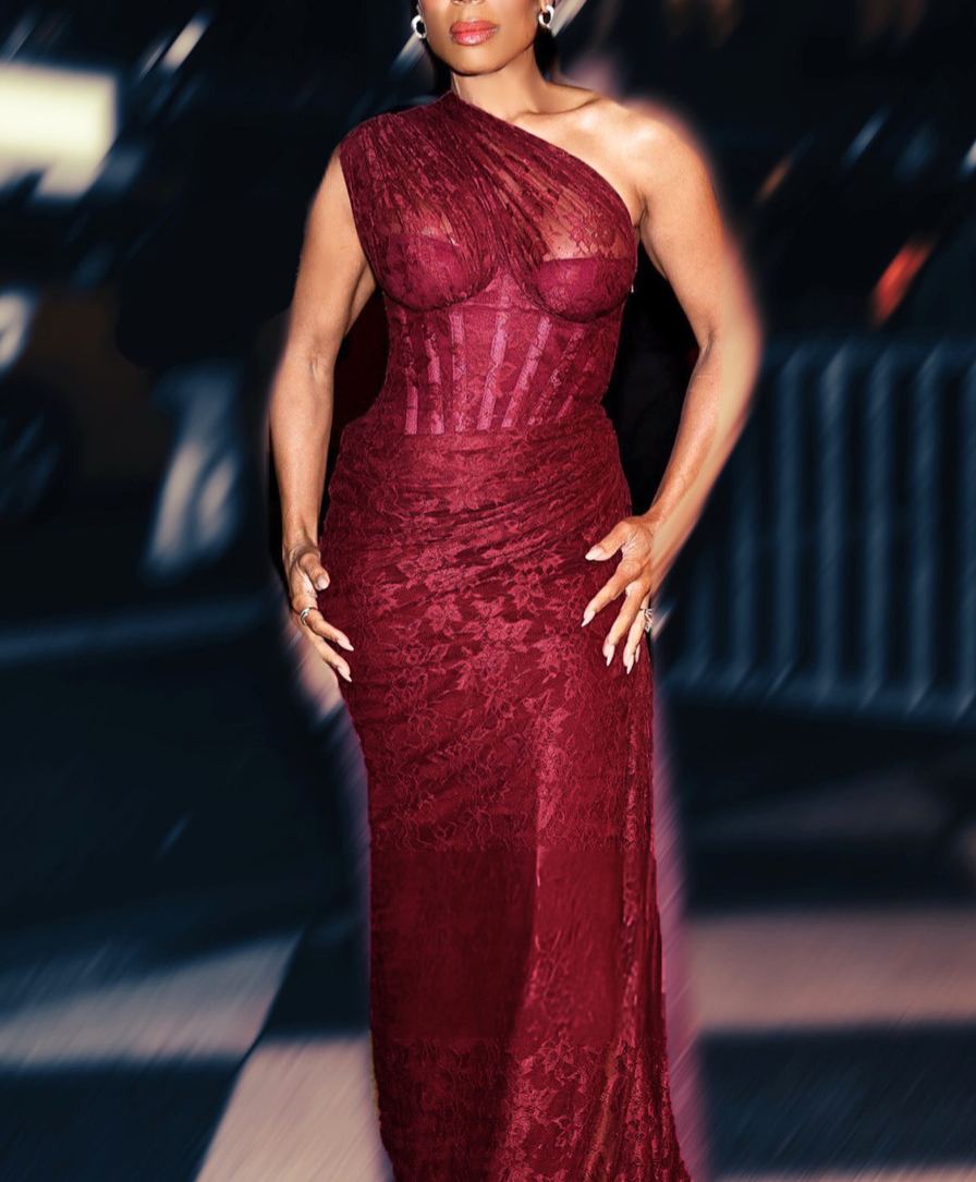 One Shoulder Draped Lace Maxi Dress Burgundy