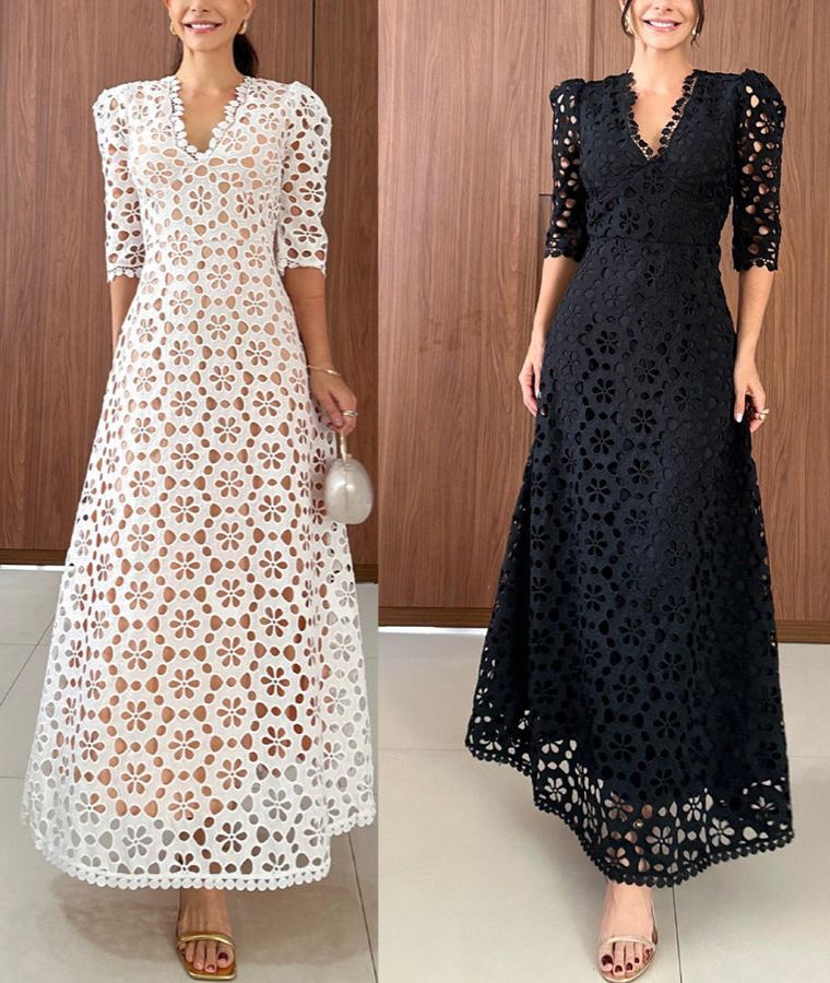 Crochet Floral Lace Puff Sleeve Lined Maxi Dress