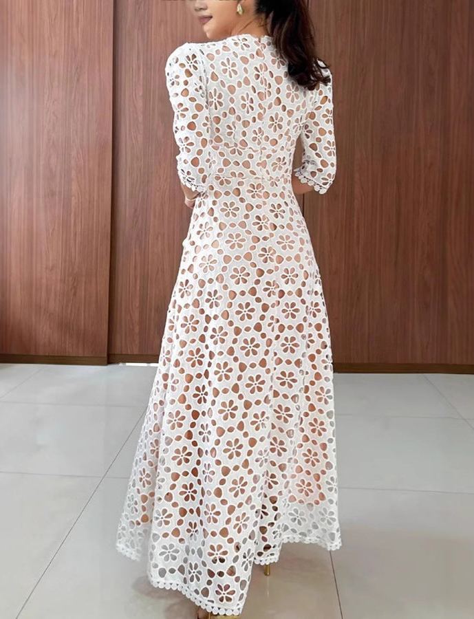 Crochet Floral Lace Puff Sleeve Lined Maxi Dress