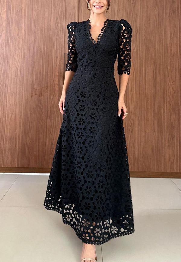 Crochet Floral Lace Puff Sleeve Lined Maxi Dress