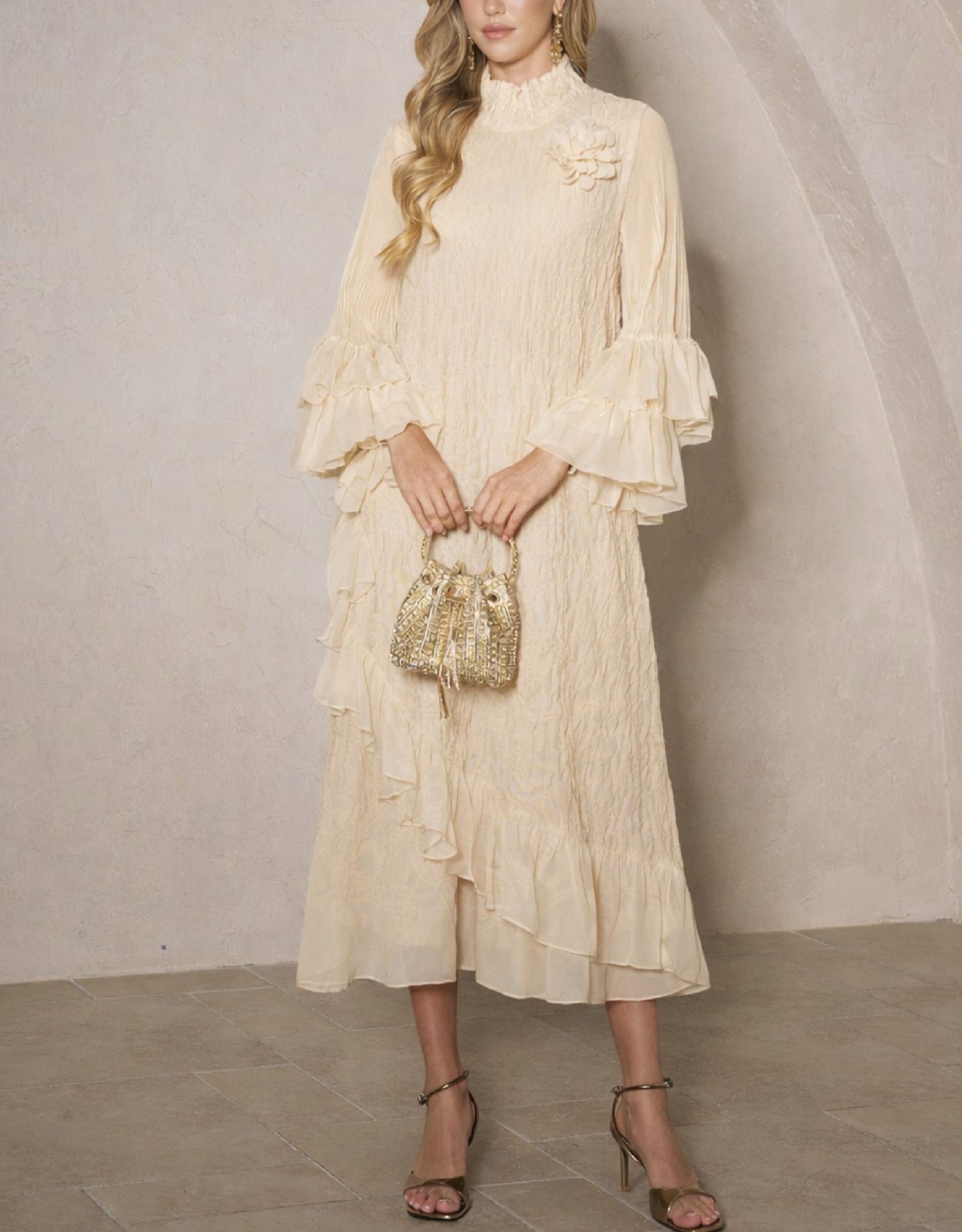 Floral Appliqué Embroidered Ruffle Dress