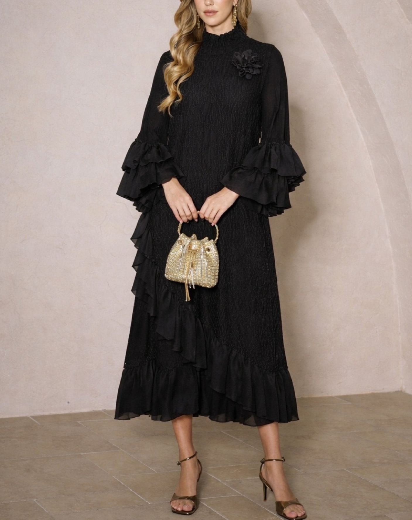Floral Appliqué Embroidered Ruffle Dress