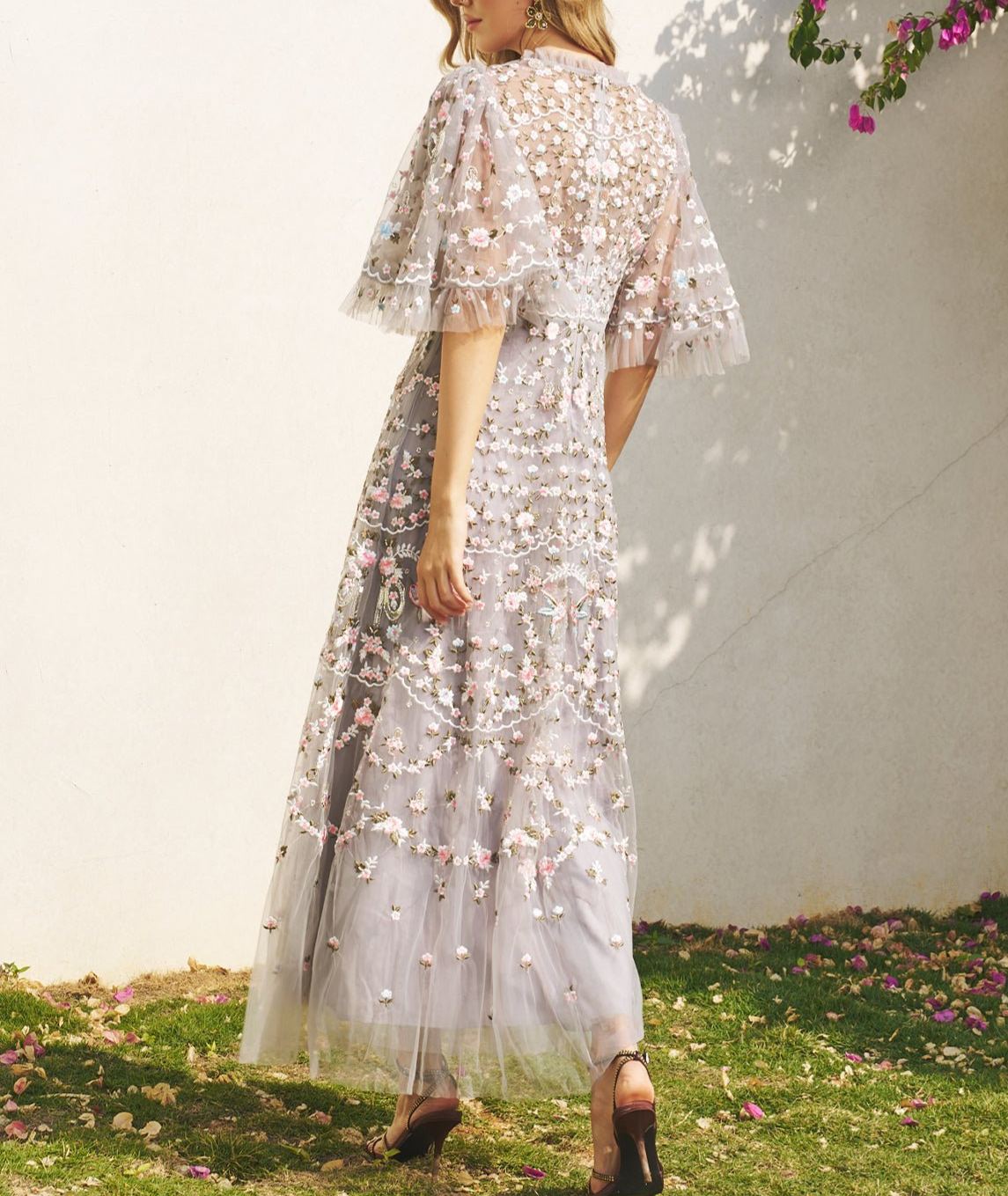 Floral Embroidered Beaded Tulle Dress—GREY