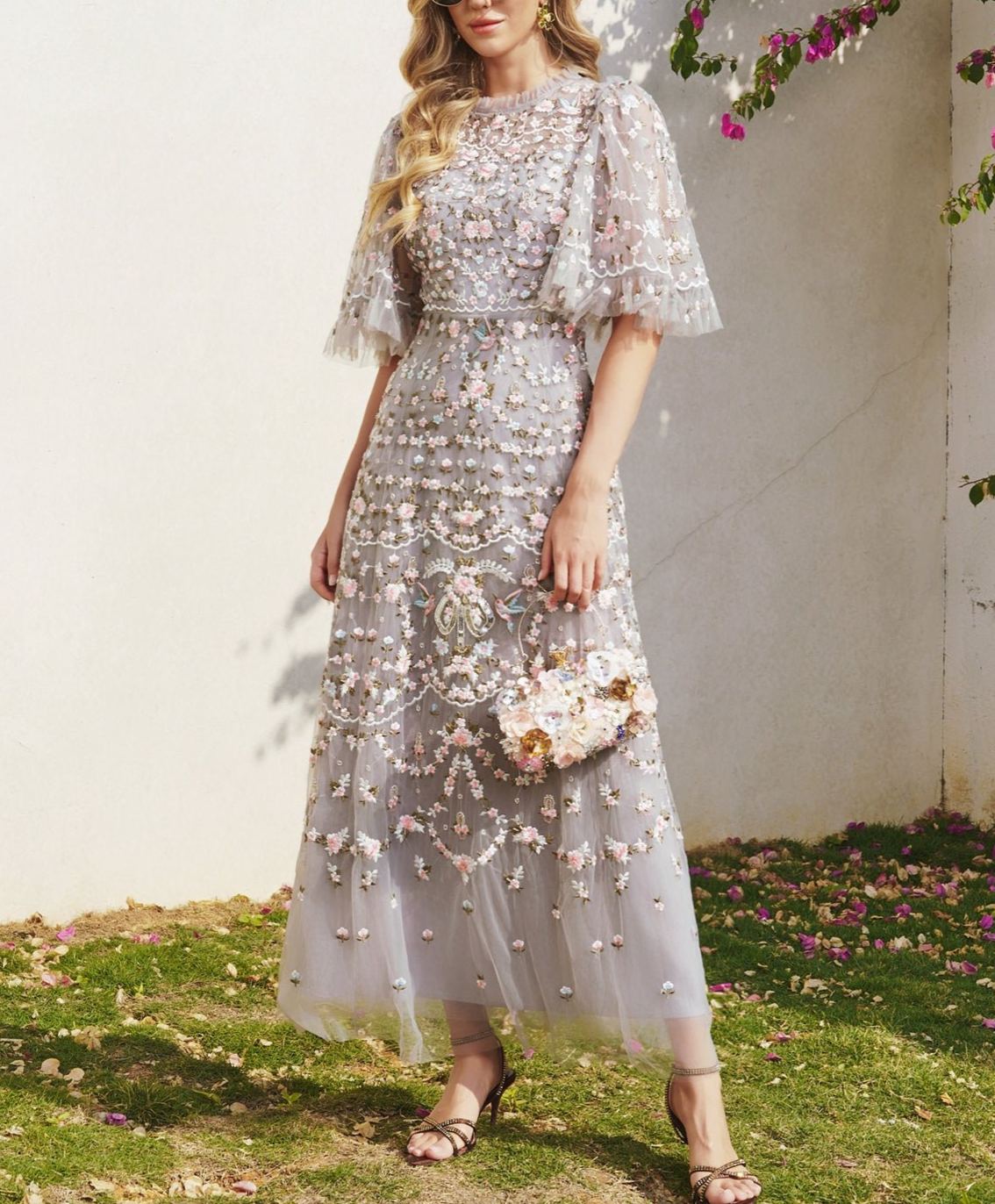 Floral Embroidered Beaded Tulle Dress—GREY