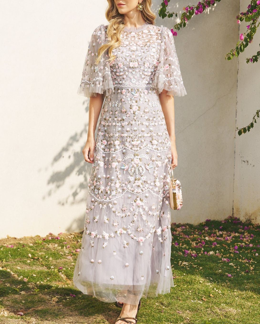 Floral Embroidered Beaded Tulle Dress—GREY