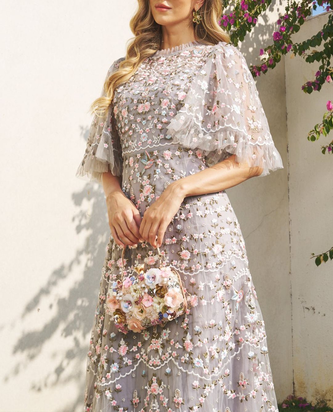 Floral Embroidered Beaded Tulle Dress—GREY