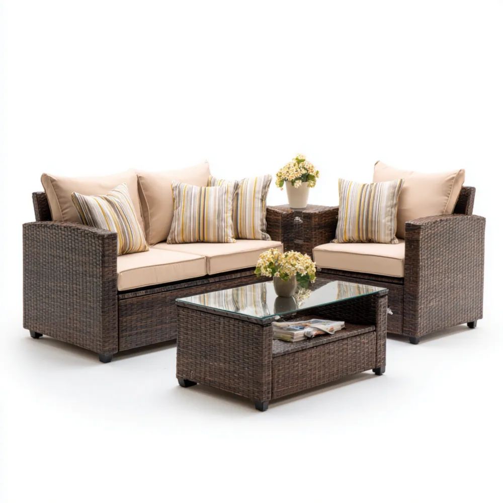 Set di divani da esterno in rattan 100x55x75 cm, Tavolino 45x45x40 cm – Naturale – Design contemporaneo