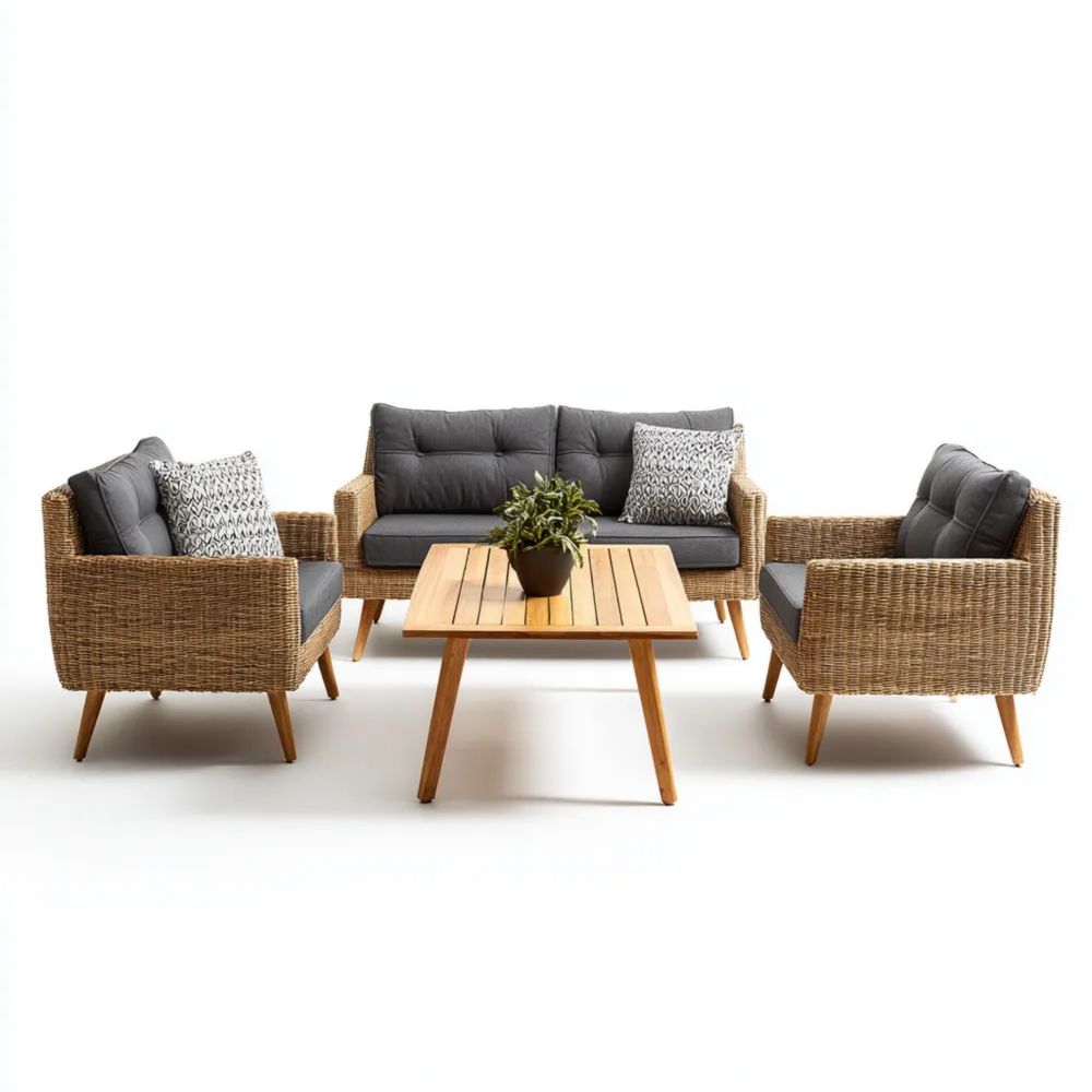 Set di divani da esterno in rattan 4pz - 128x75x78 cm - Grigio/Naturale