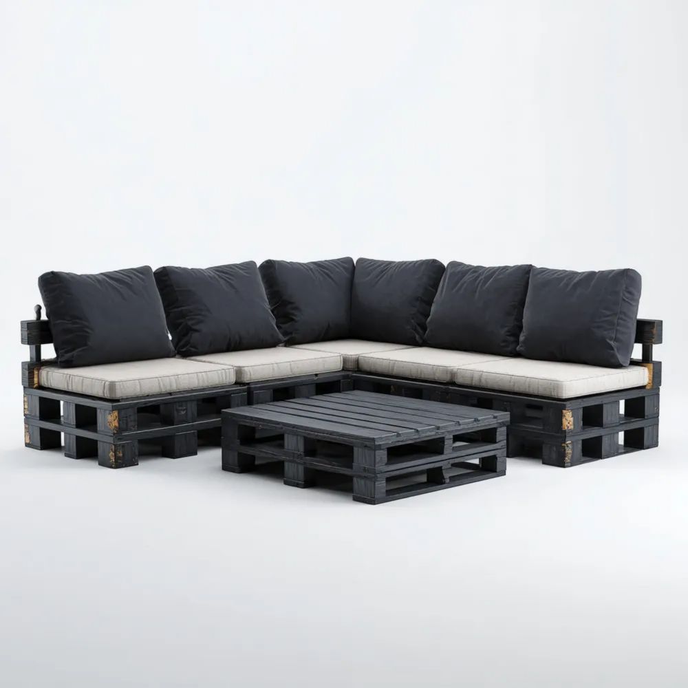 Set di Divani da Esterno Pallet Nero 210x210x70 cm con Tavolino 80x60x25 cm – Design Moderno