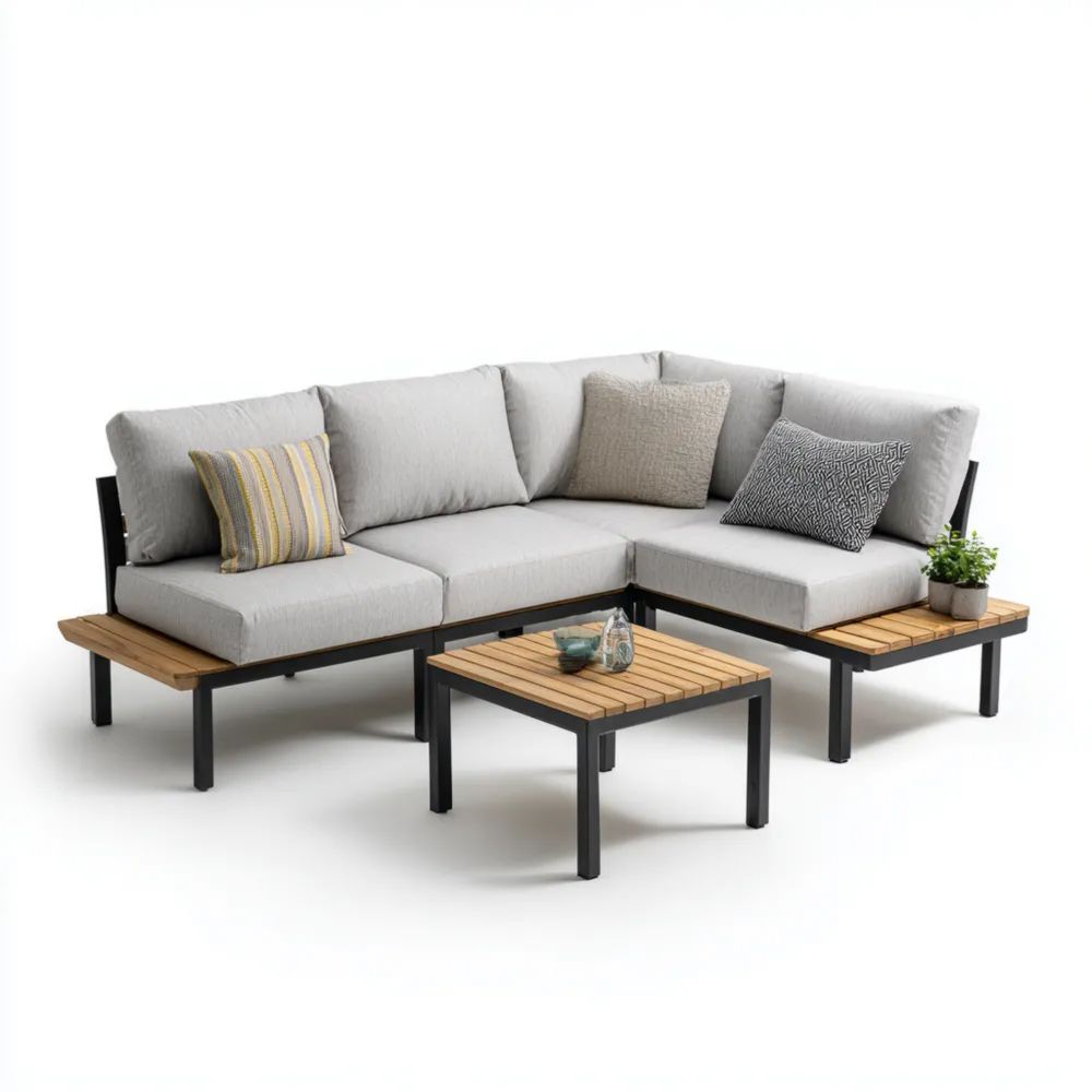 Set di divani da esterno in metallo e legno con cuscini Grigio - Design moderno 200x80x70 cm