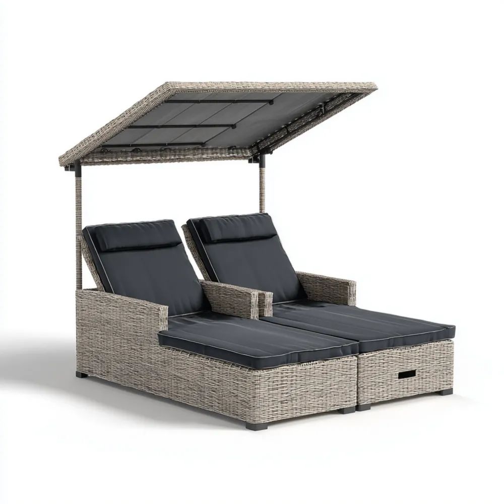 Lettino prendisole a due posti 200x140x160 cm con cuscino - Rattan Grigio Scuro - Design Moderno
