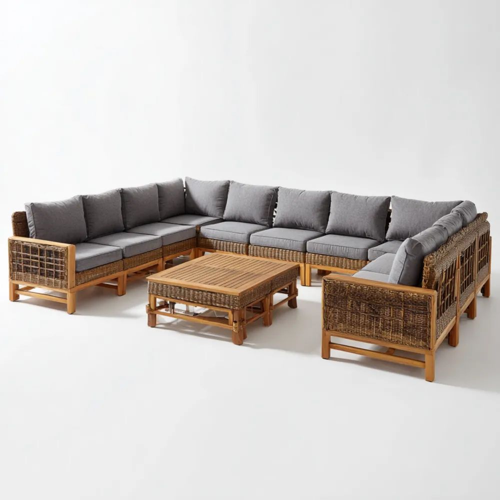 Set di divani da esterno in rattan e legno 260x180x75 cm – Grigio – Design modulare