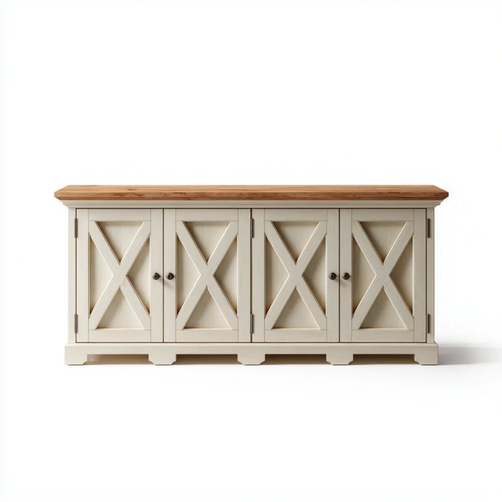 Credenza in legno - 200x45x80 cm - Bianco e Naturale - Design rustico