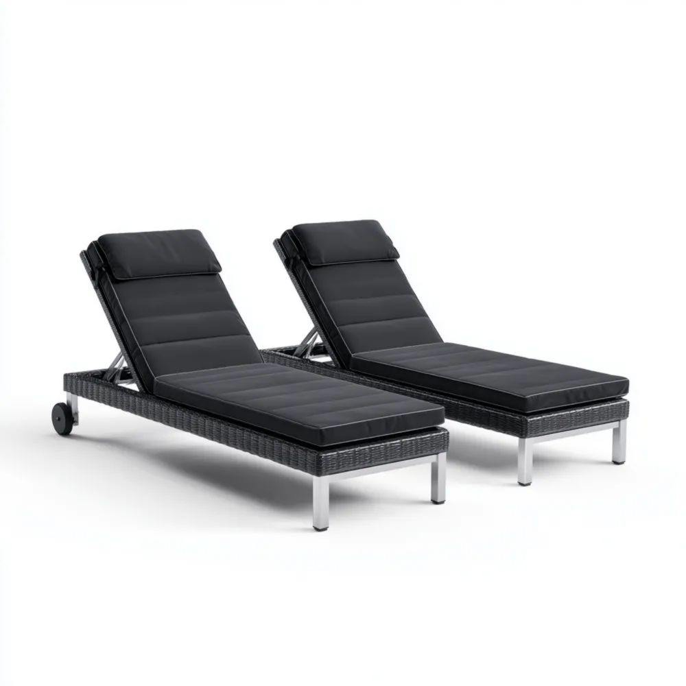 Lettini prendisole in rattan 195x65x30 cm - Cuscini Neri - Design moderno