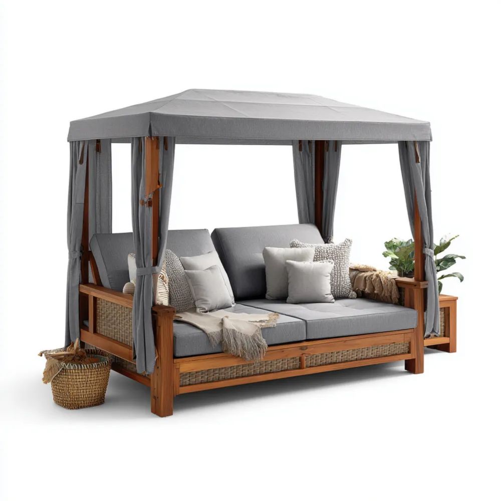 Lettino Prendisole in Legno 200x140x210 cm con Tenda Grigio