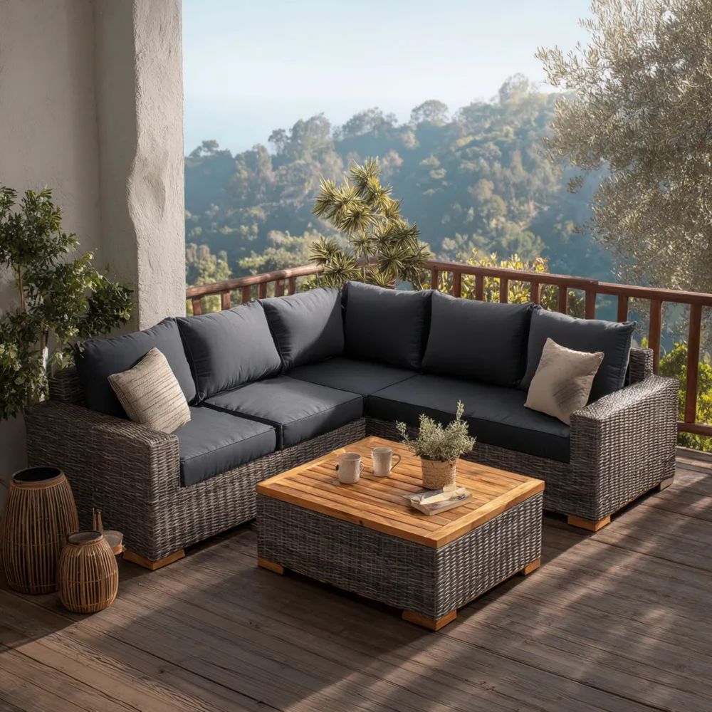 Set di divani angolare da esterno in rattan 200x200 cm con tavolino 80x80x40 cm - Grigio Scuro - design moderno