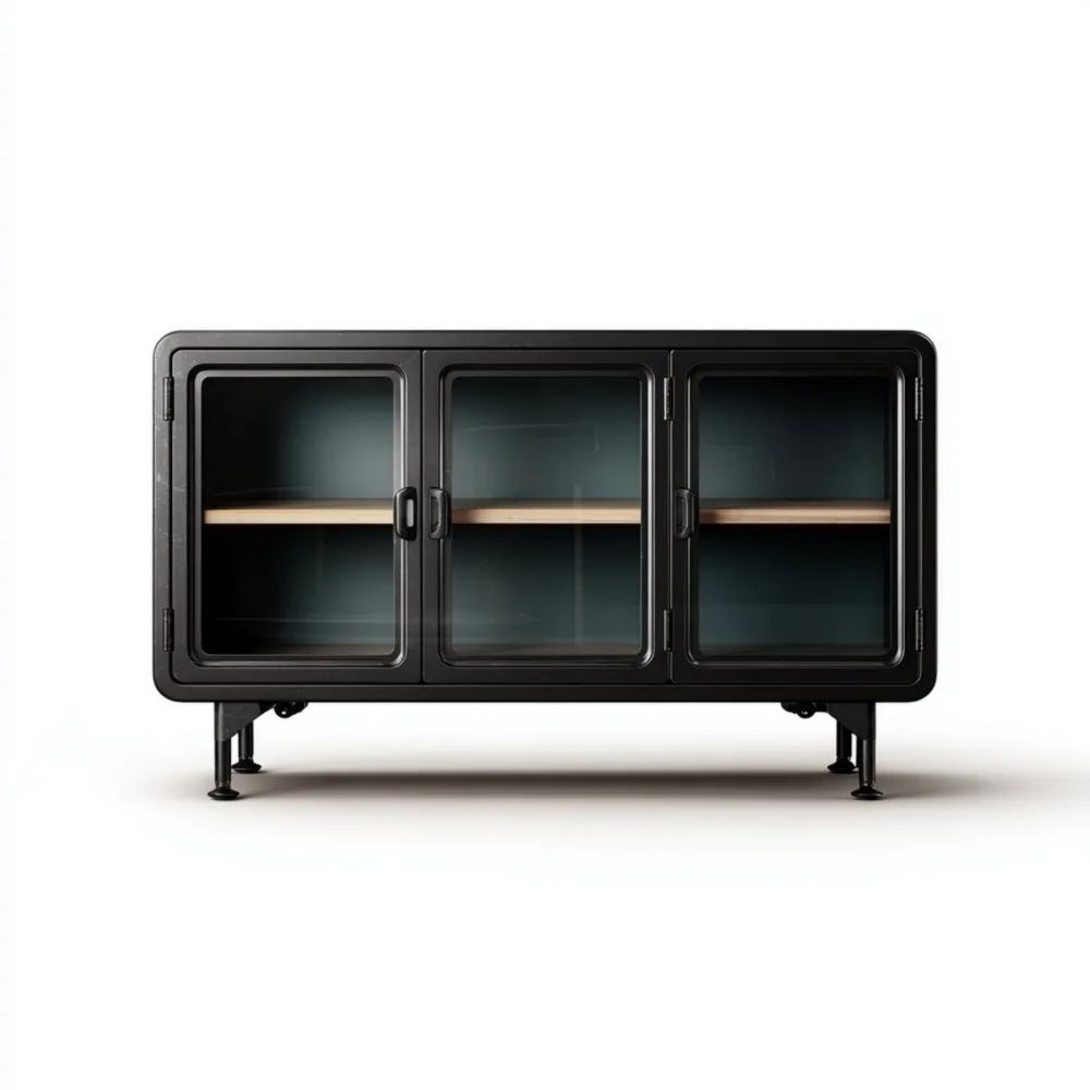 Credenza in Metallo con Ante in Vetro 120x40x80 cm - Nero - Design Industriale