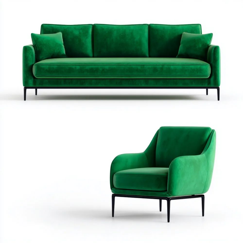 Set di divani in velluto 200x90x85 cm e poltrona 85x85x80 cm - Verde Smeraldo - Stile Moderno