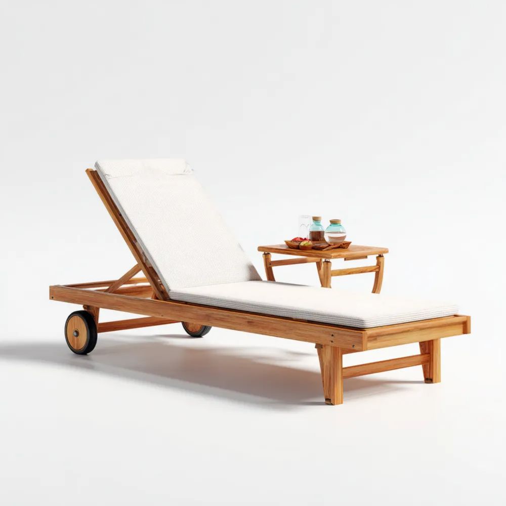 Lettino prendisole in legno di teak 200x65x35 cm - Cuscino Bianco - Design Moderno