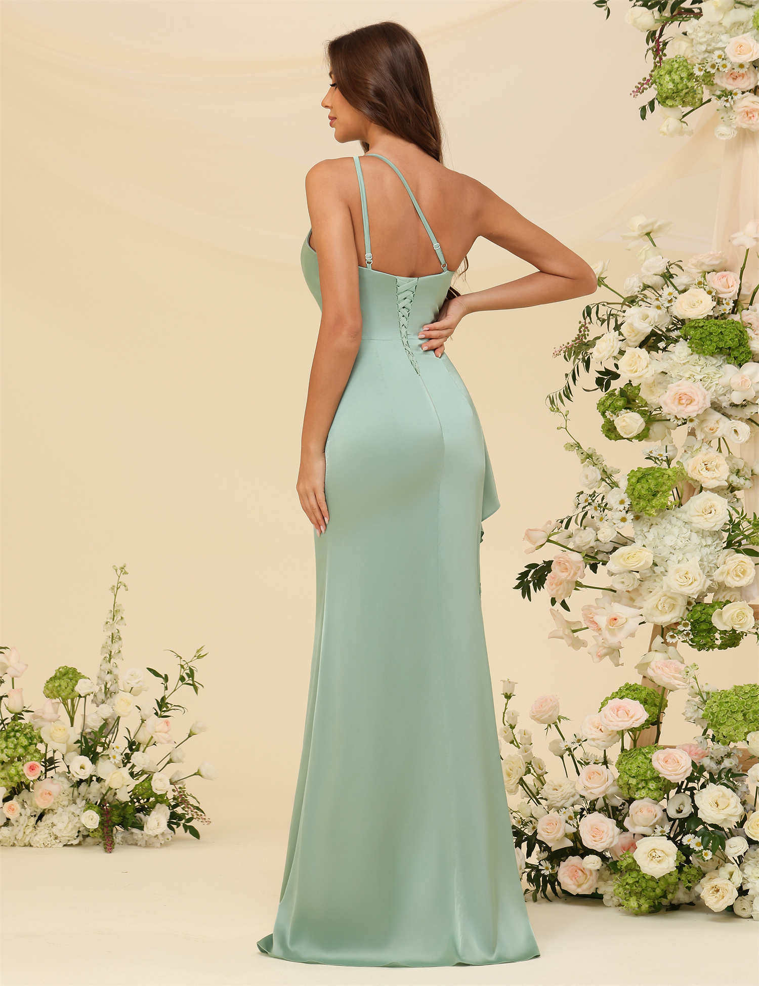 Mermaid One Shoulder Satin Silt Bridesmaid Dress #BM2507139