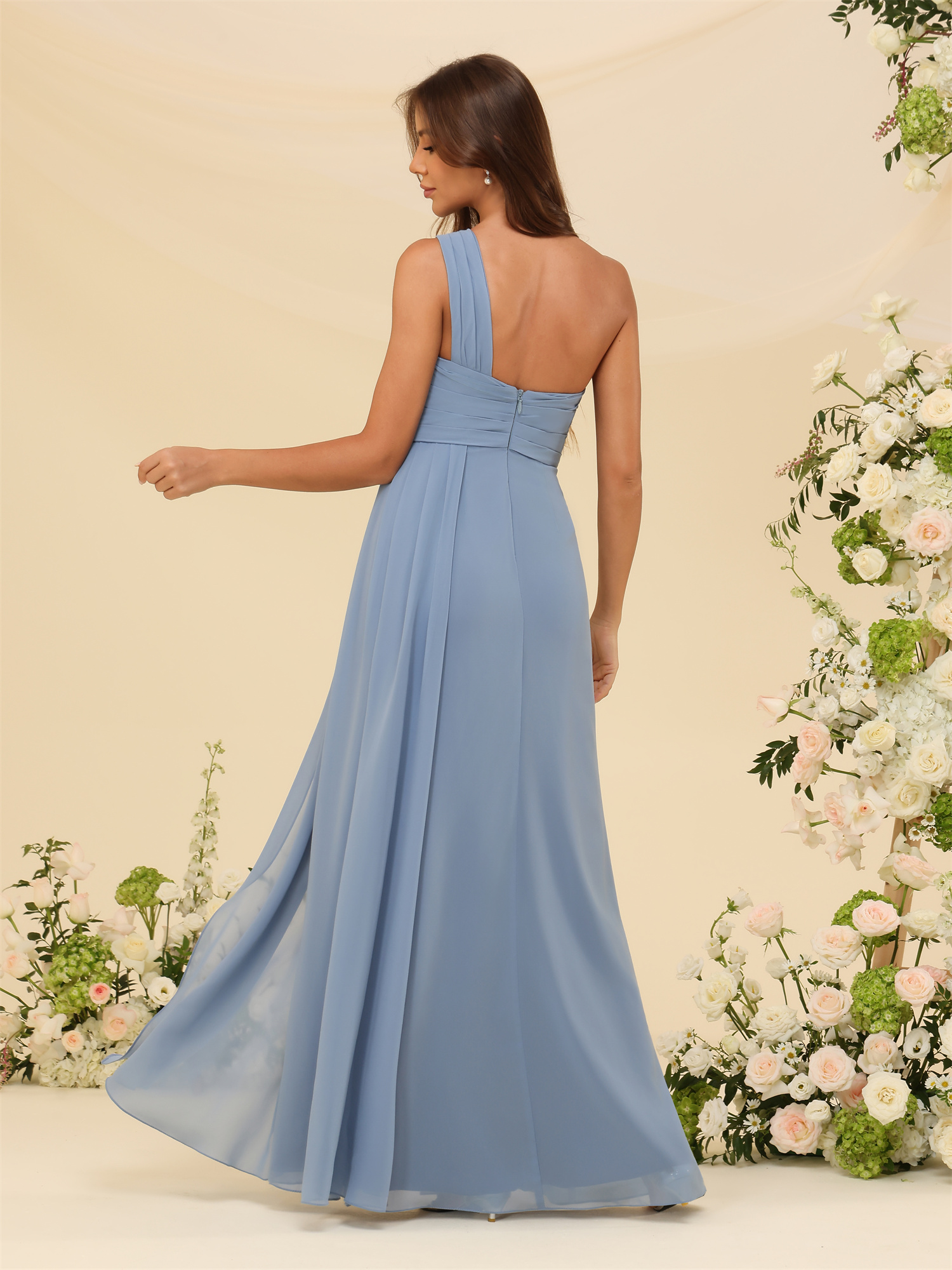 A-line One Shoulder Chiffon Silt Back Zip Bridesmaid Dress #BM2504122