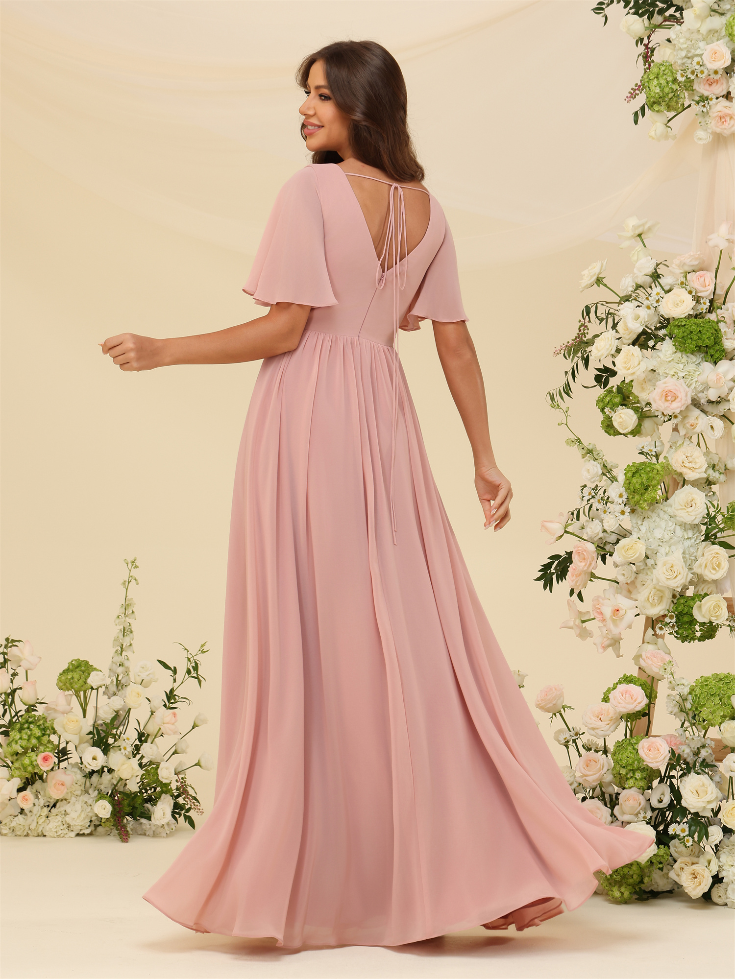 A-line V-neck Short Sleeves Chiffon Silt Bridesmaid Dress #BM2507137