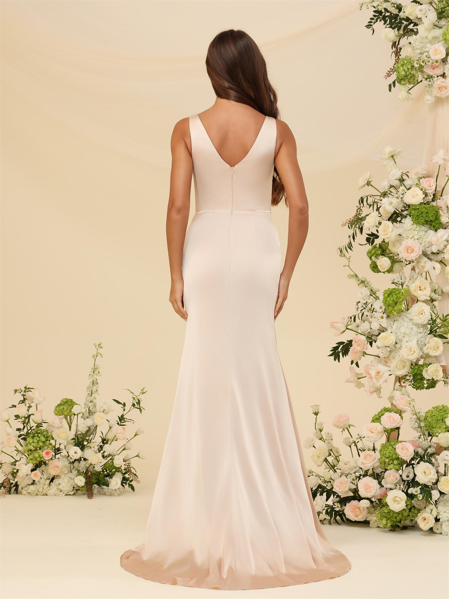 Mermaid V-neck Straps Satin Silt Bridesmaid Dress #BM2507144