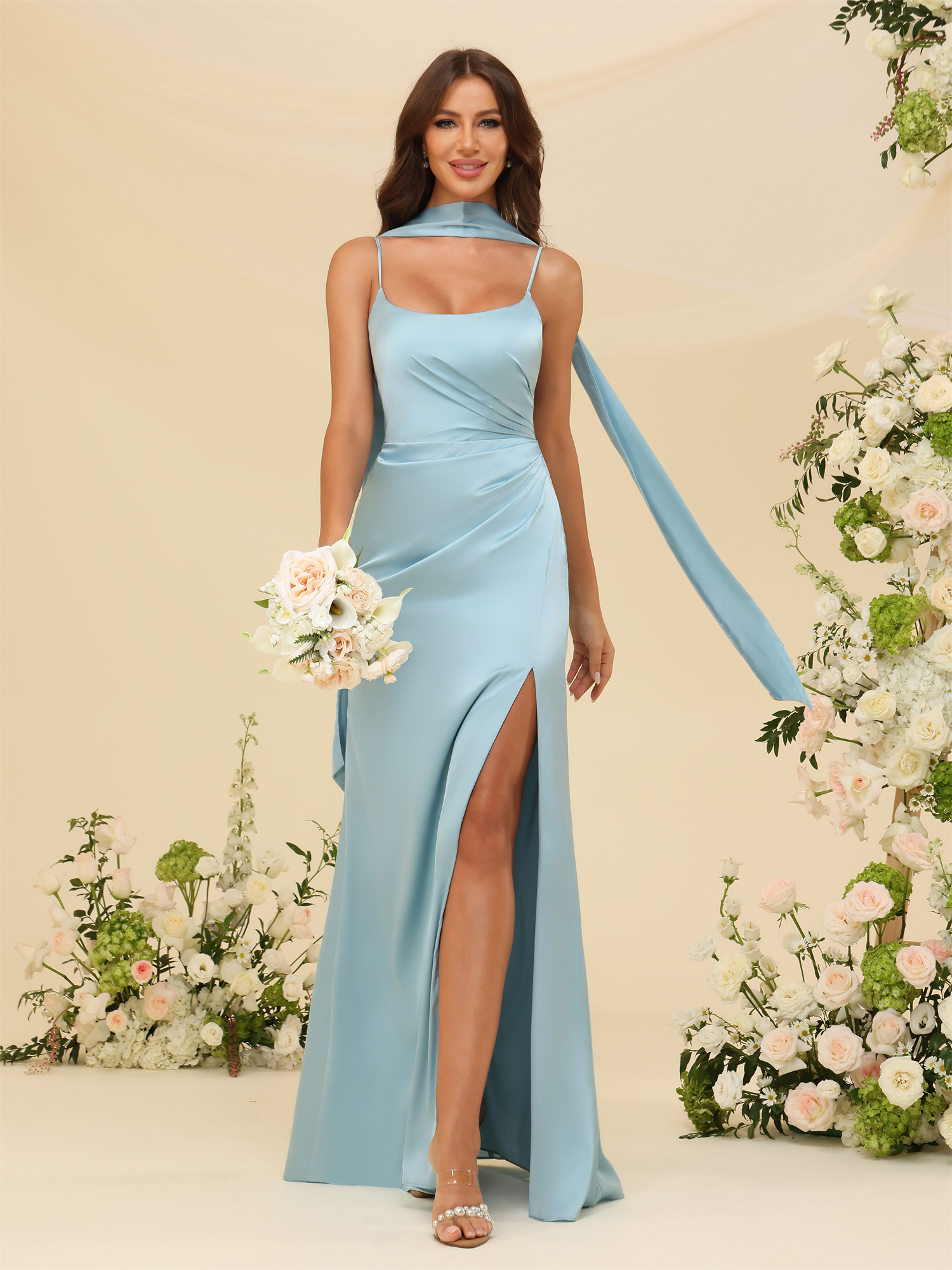 Mermaid U-neck Spaghetti Straps Satin Silt Bridesmaid Dress #BM2507145