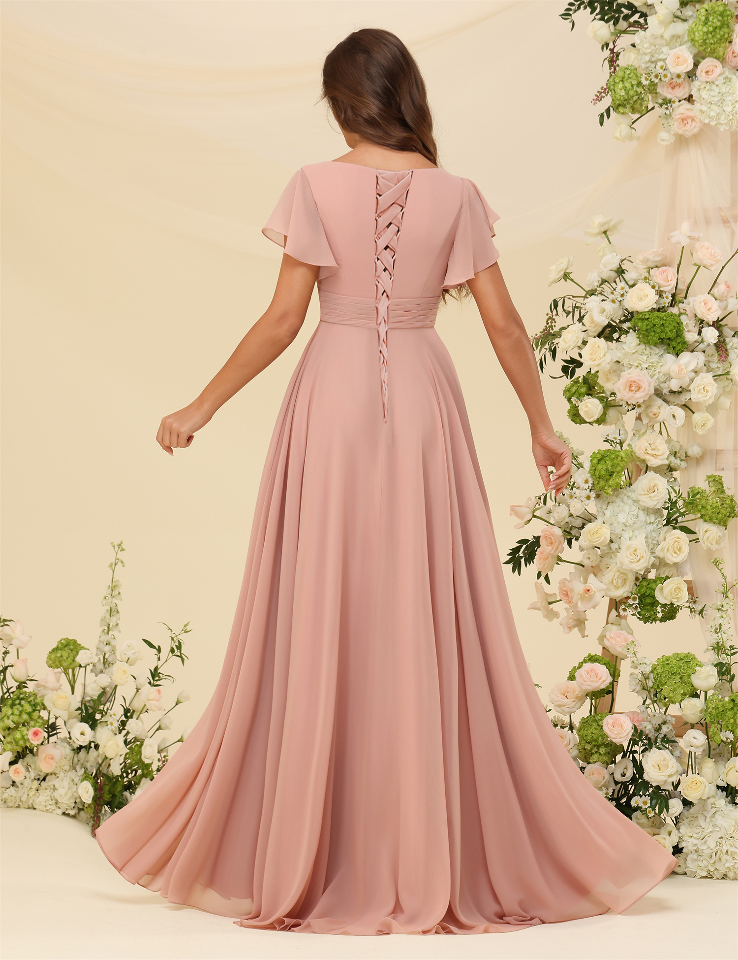 A-line V-neck Chiffon Lace Up Short Sleeves Bridesmaid Dress #BM2507219