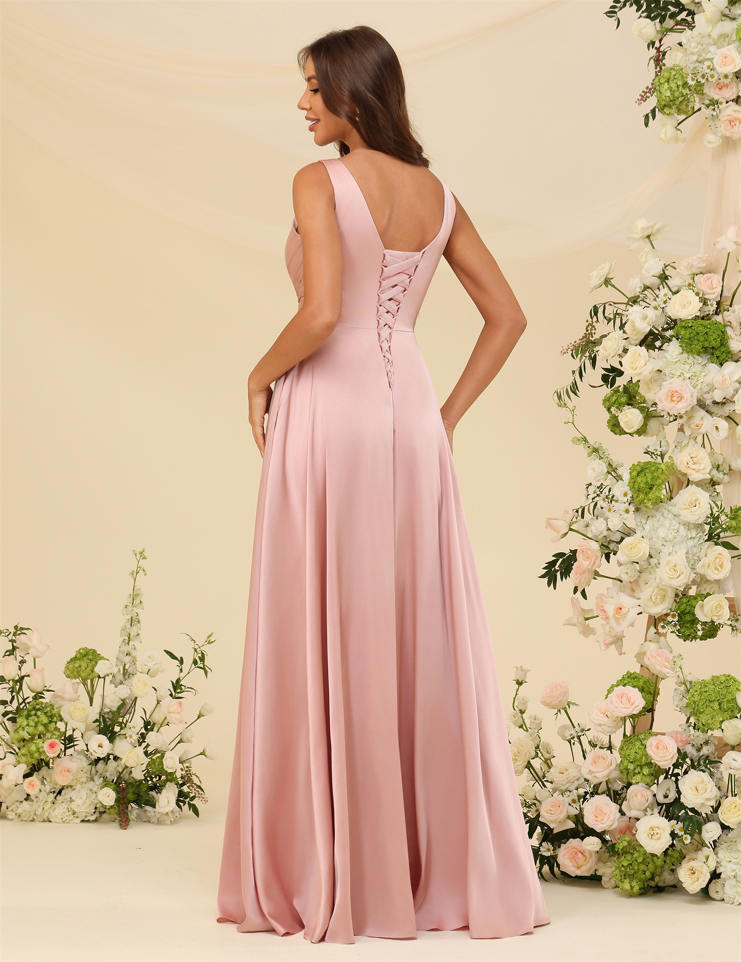 A-line V-neck Straps Satin Silt Lace Up Bridesmaid Dress #BM2507147