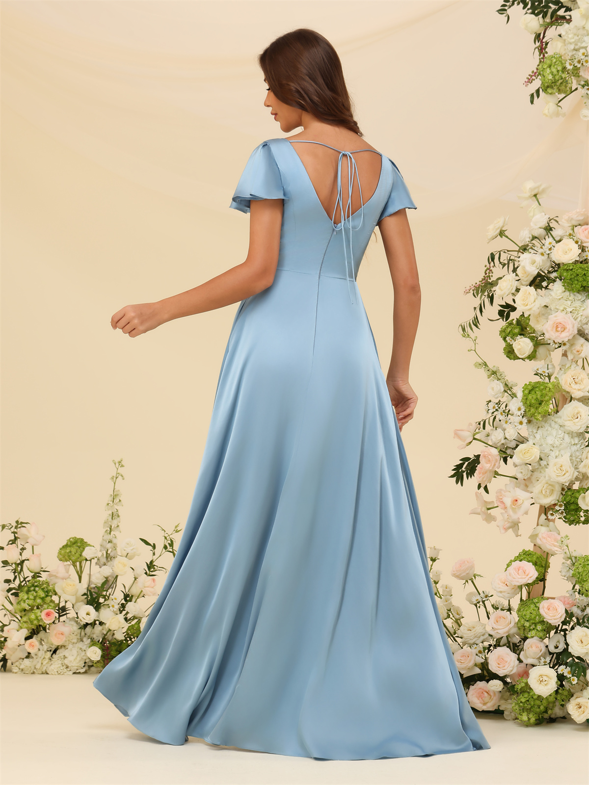 A-line V-neck Short Sleeves Satin Silt Bridesmaid Dress #BM2508022