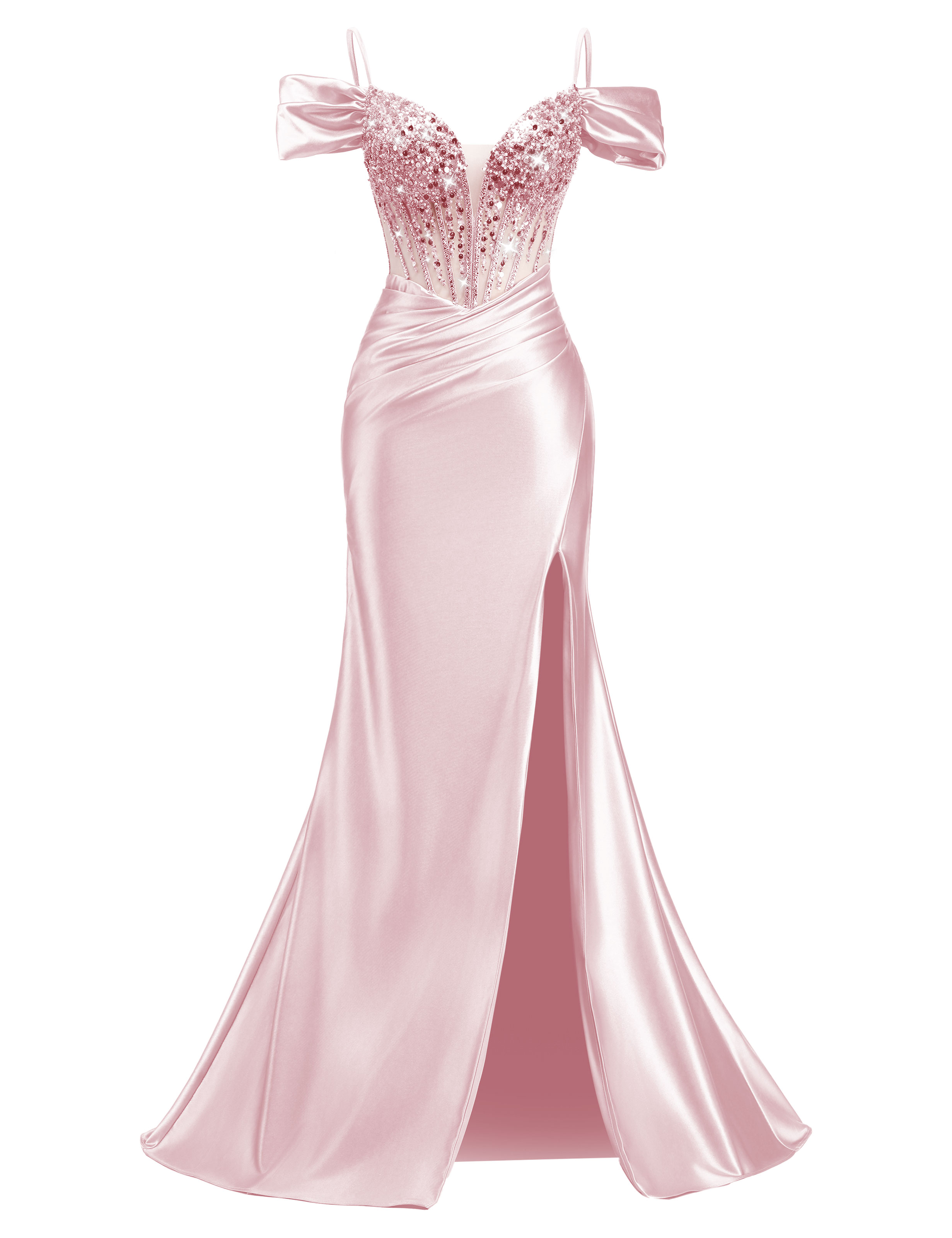 Mermaid V-neck Off Shoulder Beaded Sequin Satin Slit Prom Dress #PR2510014